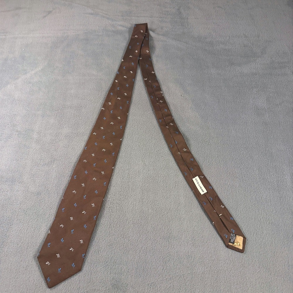 Krizia Uomo Brown Silk Tie Blue White Pattern Made in Italy Mens Necktie